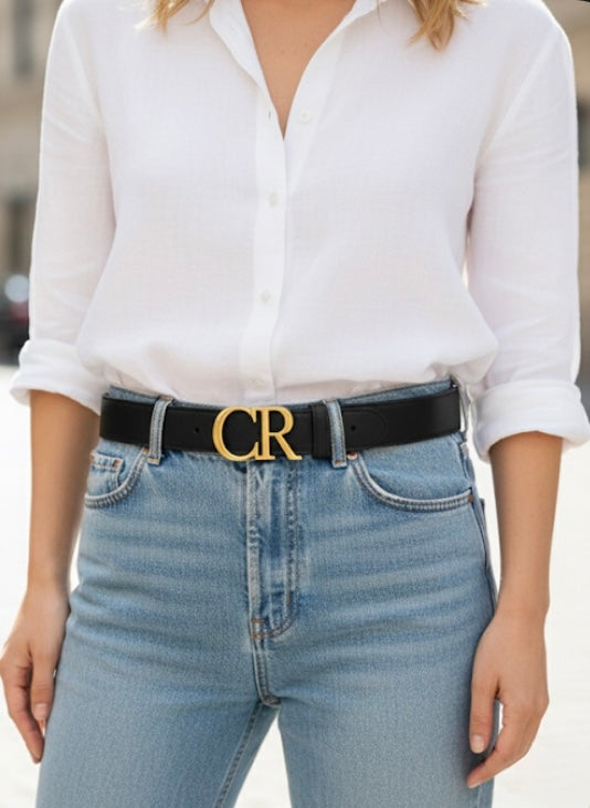 CR Signature Belt — Gold “CR” Buckle